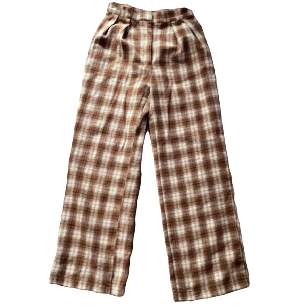 Cider Plaid Brown Wide Leg Pleated Pants
